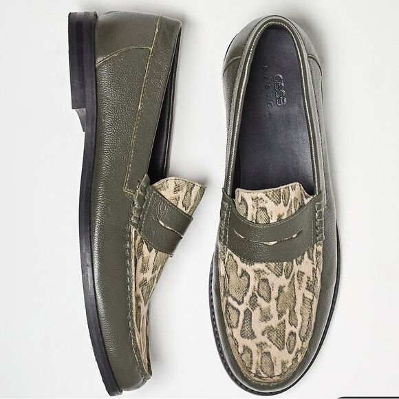 ASOS DESIGN penny loafers in green khaki leather w/faux snake print, Sz 13. NWOT - Picture 3 of 16